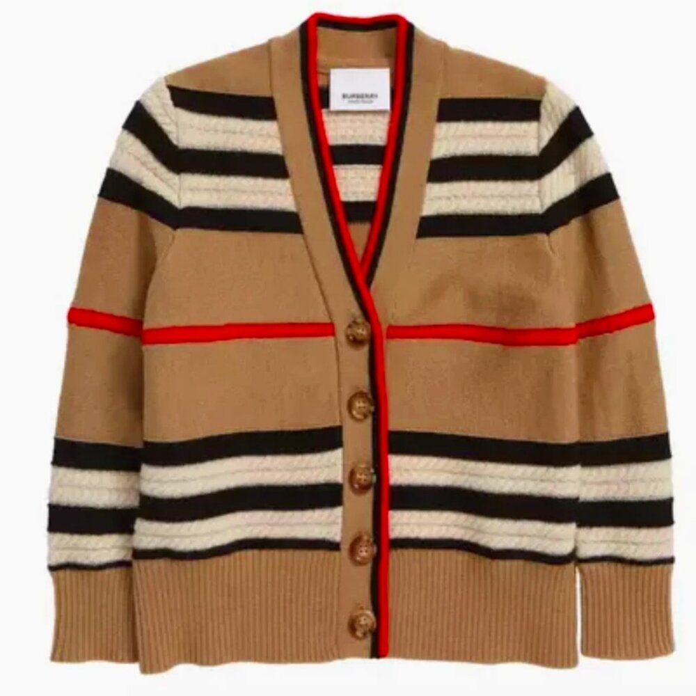 Burberry Icon Stripe Wool & Cashmere Cardigan Top Camel - Sz 3Y, 6Y OR 10Y, NWT